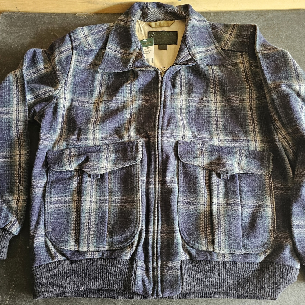 Filson Garment Blue Multi Plaid Bomber Jacket 100% Wool